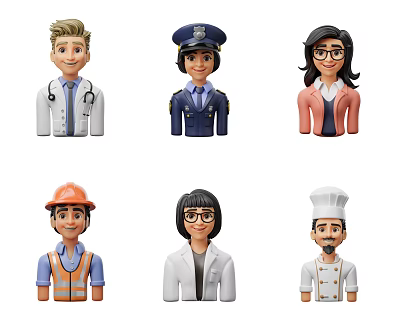 Diverse Career Character Ornament Figurine Set With Doctor Police Officer Chef And Construction Worker Designs 3d model
