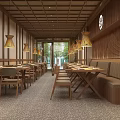 Modern Restaurant Interior Design With Wooden Tables Chairs Pendant Light And Indoor Plant