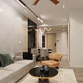 Modern Living Dining Room Open Layout With Sofa Coffee Table Dining Table Chairs Ceiling Fan