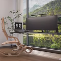 Modern Office Desk With Monitor Plant Rocking Chair And Mountain Forest View