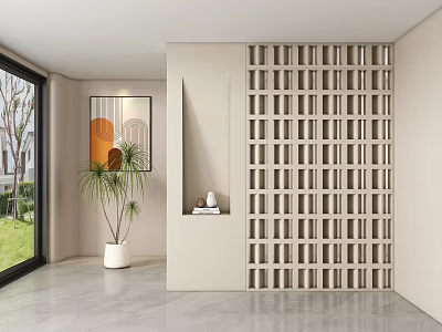 Entryway Hallway with Wooden Lattice Screen Window Greenery Decorative Painting Potted Plant and Gray Tile Floor 3d model