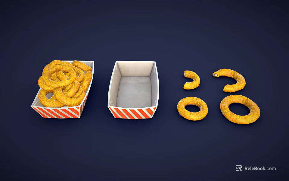 Pretzels In Red And White Striped Boxes Full Container Empty Box And Scattered Snacks 3d model