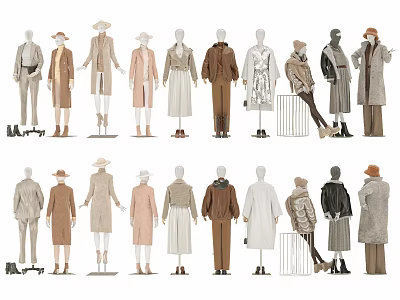 Fashion Models Wearing Various Coats And Hats In Different Standing Poses 3d model