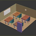 Classroom Interior Design With Wooden Tables Blue Chairs Whiteboard And Purple Door