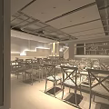Modern Restaurant Interior With Wooden Tables Chairs And Ceiling Lighting Design