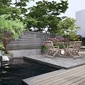 Modern Garden Patio With Wooden Furniture Marble Flooring And Green Plants
