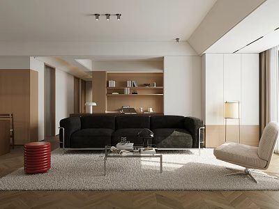 Modern Living Room Interior With Black Sofa Beige Chair Glass Coffee Table And Red Stool 3d model