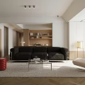 Modern Living Room Interior With Black Sofa Beige Chair Glass Coffee Table And Red Stool