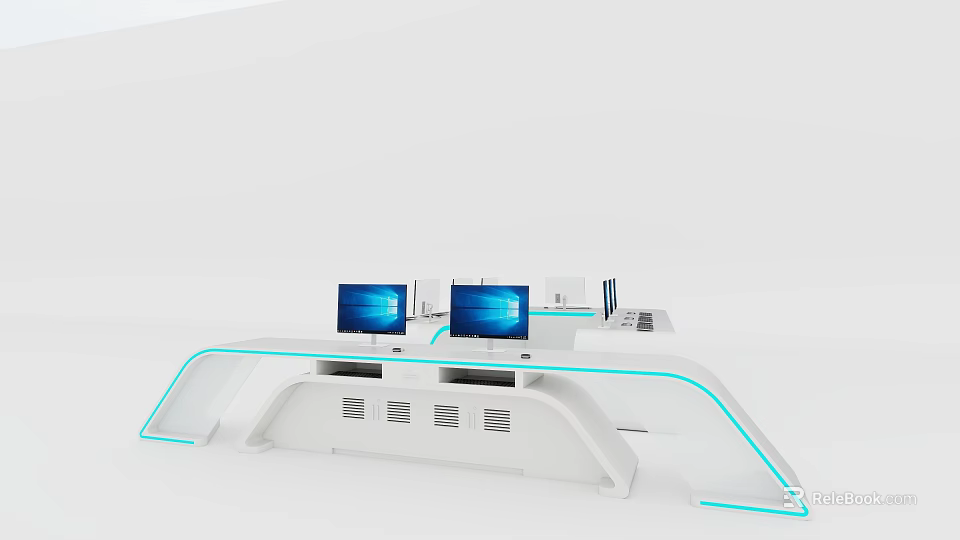Modern Functional Desk With Multiple Computer Monitors Blue LED Strip Lights And White Structure 3d model 