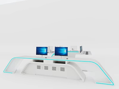Modern Functional Desk With Multiple Computer Monitors Blue LED Strip Lights And White Structure 3d model