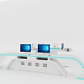 Modern Functional Desk With Multiple Computer Monitors Blue LED Strip Lights And White Structure
