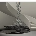 Spiral Staircase Interior With White Curved Structure And Water Sculpture On Marble Base