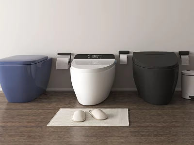 Three Colored Toilets With Digital Display Toilet Paper Holders And Mat On Wooden Floor 3d model