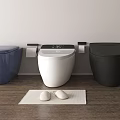 Three Colored Toilets With Digital Display Toilet Paper Holders And Mat On Wooden Floor