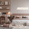 Soft Toned Kids Room Interior With Neon Sign Bed Shelves Desk And Toys
