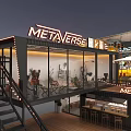 Modern Metaverse Commercial Street With Neon Signs Open Air Deck Night View And Outdoor Seating