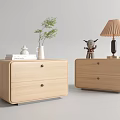 Wooden Bedside Tables with Two Drawers Topped with Lamp Plant and Decor in Modern Room