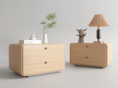 Wooden Bedside Tables with Two Drawers Topped with Lamp Plant and Decor in Modern Room 3d model