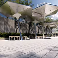 Modern Outdoor Pergola With Umbrella Canopies In Park Area With Trees And Seating