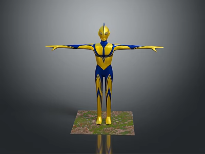 Game Movie Character in Blue Yellow Costume with Arms Outstretched Standing on Grass Textured Base 3d model