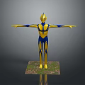 Game Movie Character in Blue Yellow Costume with Arms Outstretched Standing on Grass Textured Base