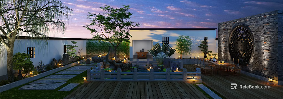 Outdoor Shower Sauna Area With Wooden Deck Pool Greenery And Evening Lights 3d model 
