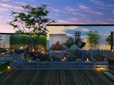 Outdoor Shower Sauna Area With Wooden Deck Pool Greenery And Evening Lights 3d model