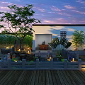 Outdoor Shower Sauna Area With Wooden Deck Pool Greenery And Evening Lights