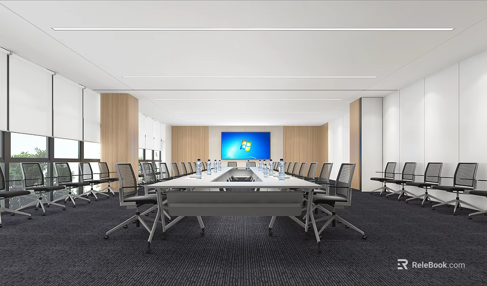 Modern Conference Room Interior With Long Table Comfortable Chairs And Large LED Screen 3d model