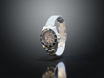 Silver Strap Watch with Black Dial Transparent Mechanical Structure on Black Background with Reflection 3d model