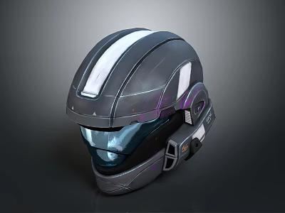 Sleek Futuristic Gray Helmet With White Stripe Transparent Visor And Mechanical Parts 3d model