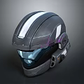 Sleek Futuristic Gray Helmet With White Stripe Transparent Visor And Mechanical Parts