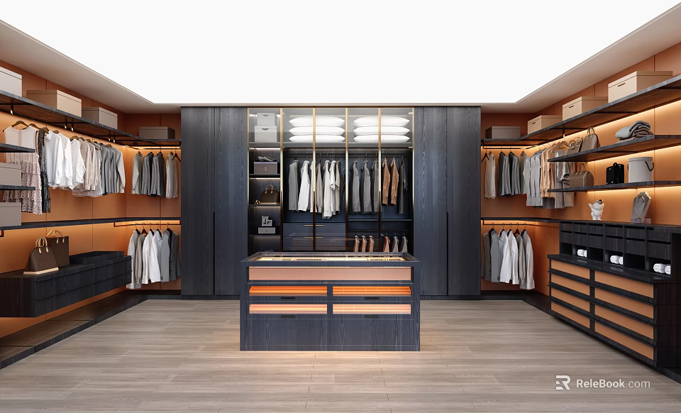Modern Walk in Closet Interior With Hanging Racks Shelves Drawers And Storage Cabinets 3d model 