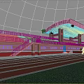 Outdoor Sports Stadium Featuring Red Running Track Green Stands Pink Roof And Athletes