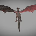 Mythical Reptile With Red Wings And Scaly Body Flying In Gray Background