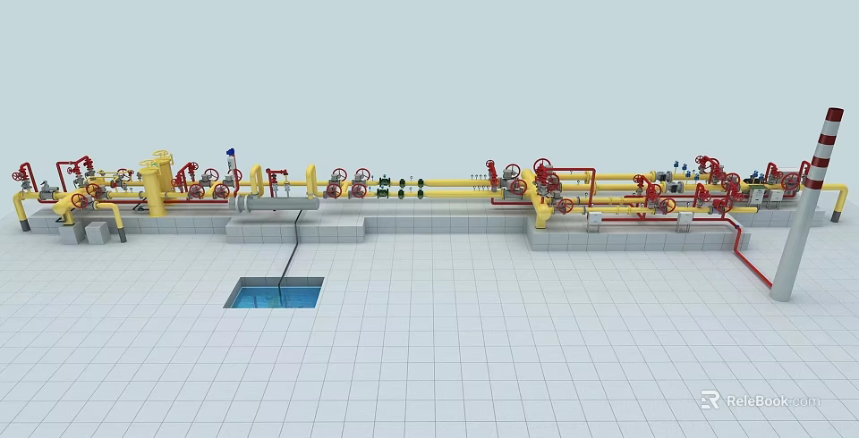 Industrial Equipment with Yellow Pipelines Valves and Control Systems in Facility 3d model 