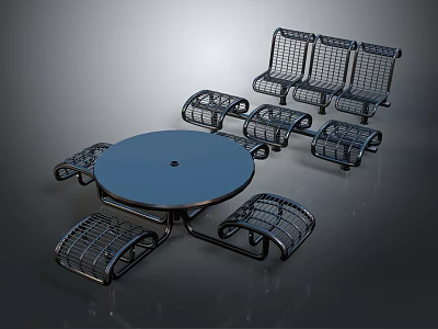 Round Blue Outdoor Table With Metal Frame Chairs And Woven Wire Design 3d model