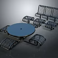 Round Blue Outdoor Table With Metal Frame Chairs And Woven Wire Design