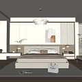 Modern Minimalist Bedroom Interior With King Bed Chandelier Artwork Blinds And Plush Rug