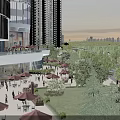 Modern Commercial Street With Tall Buildings Red Umbrellas Green Trees And City Skyline