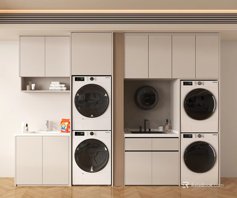 Modern Laundry Room Design With Stacked Washing Machines Dryers Cabinets And Sink 3d model 