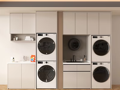Modern Laundry Room Design With Stacked Washing Machines Dryers Cabinets And Sink 3d model