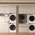 Modern Laundry Room Design With Stacked Washing Machines Dryers Cabinets And Sink