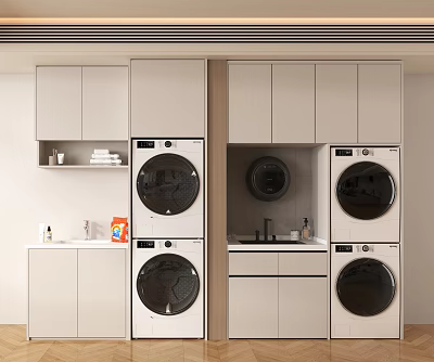 Modern Laundry Room Design With Stacked Washing Machines Dryers Cabinets And Sink 3d model