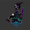 Pixelated Character Wearing Purple VR Headset Sitting on Neon Blue Pink Lighted Bench Holding Device