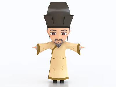 Cartoon Man In Traditional Costume With Black Hat Beige Robe And Outstretched Arms 3d model