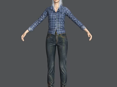 A Woman In Blue Plaid Shirt And Dark Jeans With Arms Outstretched 3d model