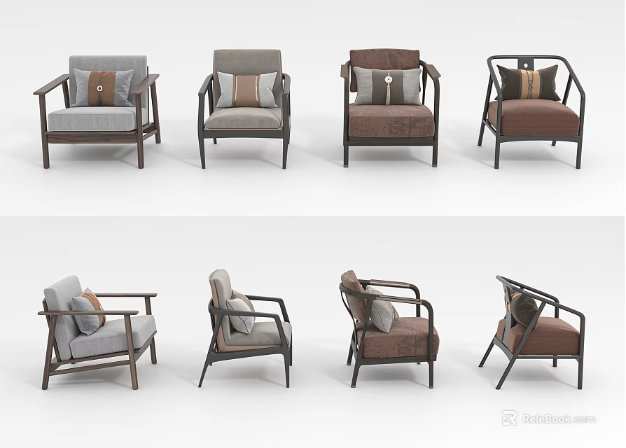 Modern Single Sofa Designs With Wooden Frames And Multicolor Cushions 3d model