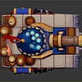 Cartoon Style Military Vehicle Tank With Red Flag Blue Top Golden Shield Barrels Flame Decorations