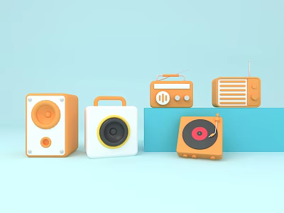 Vibrant Orange And White Audio Speakers Radio Turntable On Blue Platforms Light Blue Background 3d model